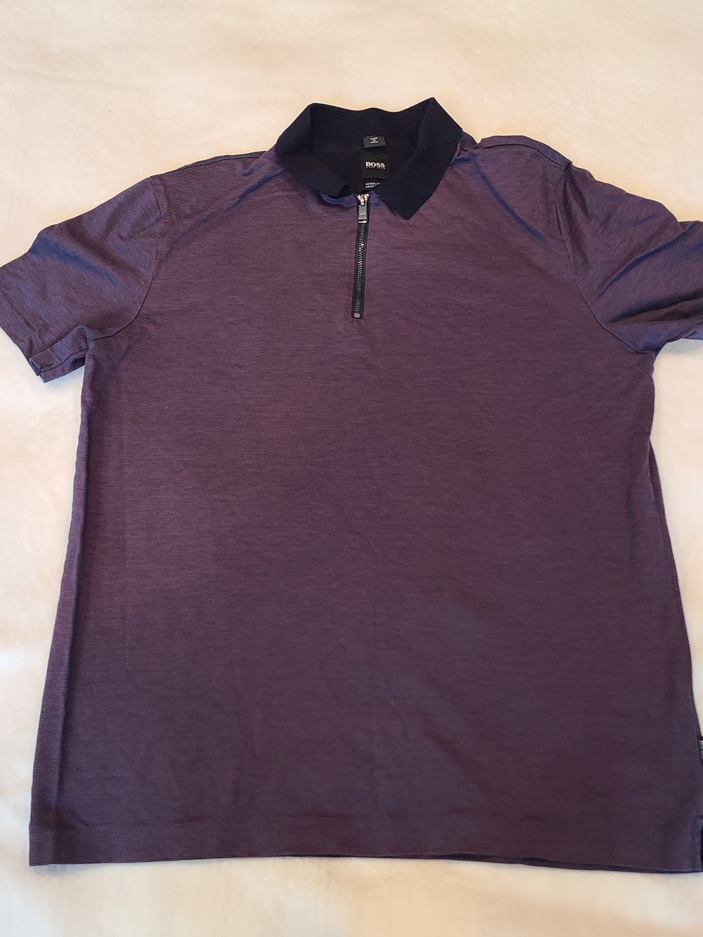 Hugo Boss Men's Heathered Purple Short-Sleeve Zip Polo with Black Collar